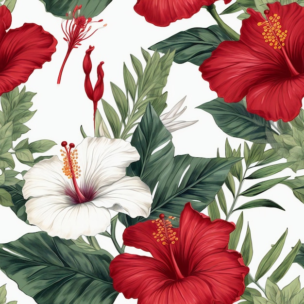 Un motif floral avec des fleurs d'hibiscus sur fond blanc.