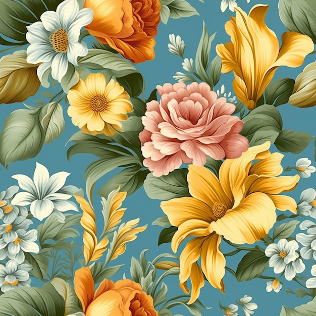 Un motif floral avec des fleurs jaunes, roses et bleues.