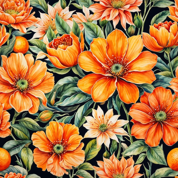 un motif floral avec des fleurs orange et des feuilles vertes