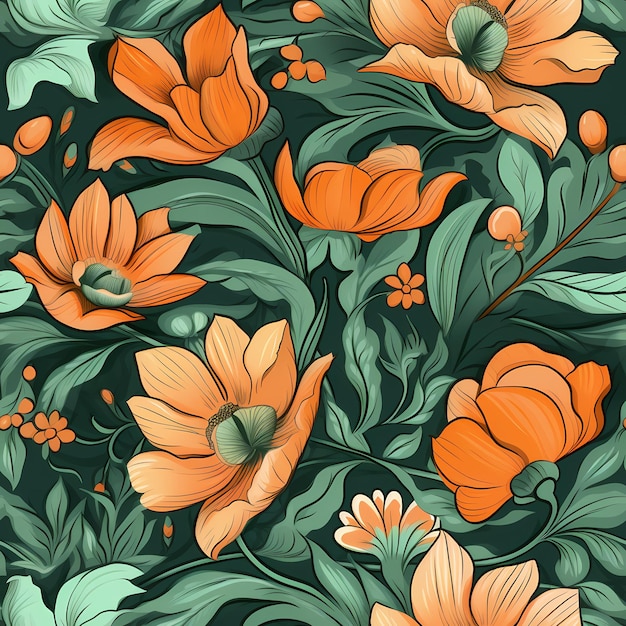 Un motif floral avec des fleurs orange et des feuilles vertes.