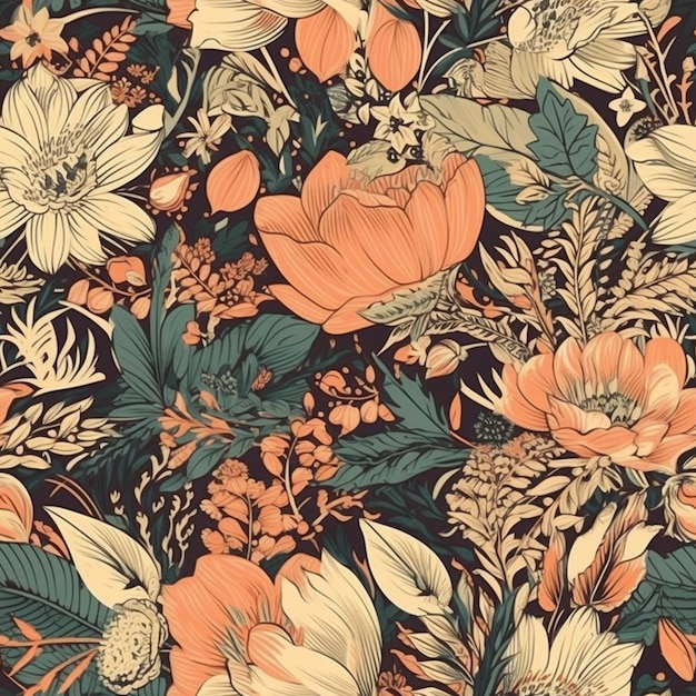 Un motif floral avec des fleurs et des plantes.