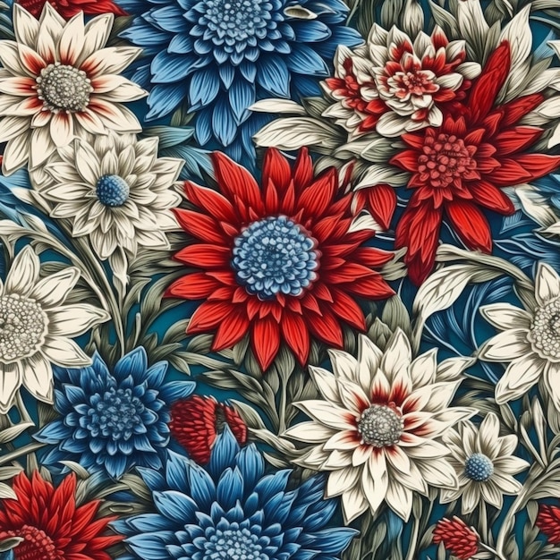 Un motif floral avec des fleurs rouges, blanches et bleues.