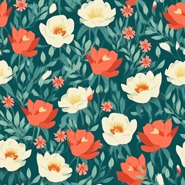 un motif floral avec des fleurs rouges et blanches sur un fond bleu