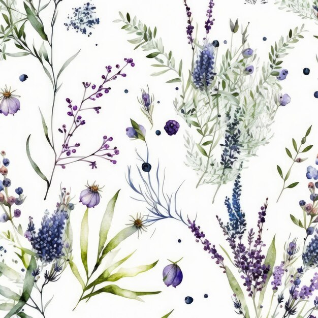 un motif floral avec des fleurs violettes et vertes et un fond blanc
