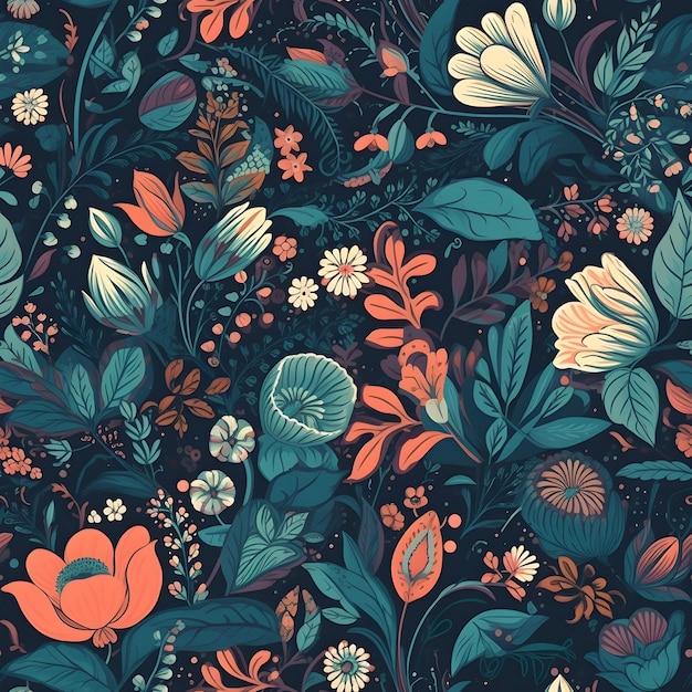 Un motif floral foncé avec des fleurs et des feuilles.