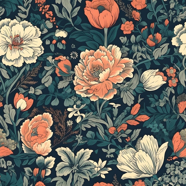 Un motif floral avec un fond bleu et une fleur rouge.