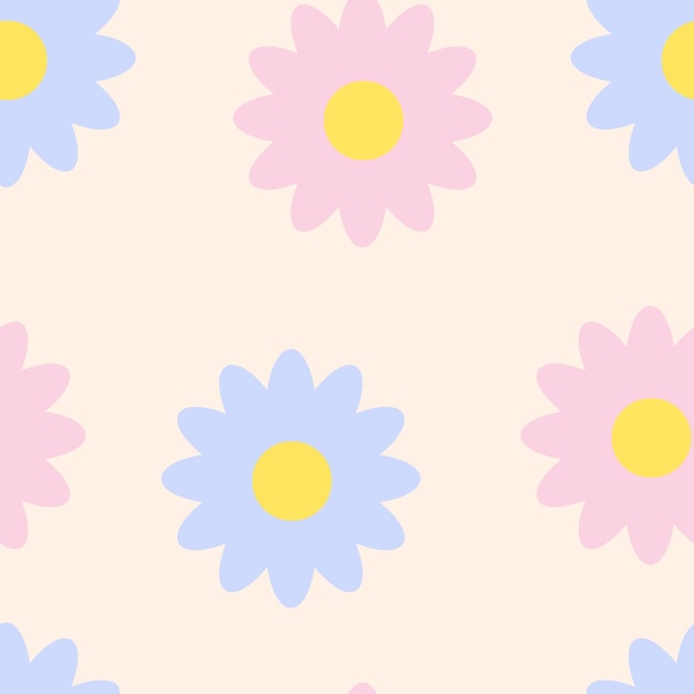 Motif floral harmonieux de fleurs de camomille bleues et roses sur fond beige.