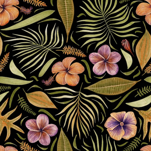 Motif floral isolé sans couture à partir d'un ensemble dessiné de fleurs et de feuilles tropicales sur fond noir