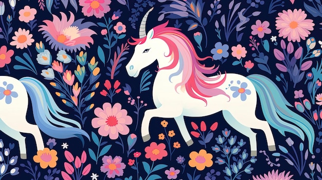 Motif floral de licorne fantaisiste avec des fleurs et des licornes fantastiques