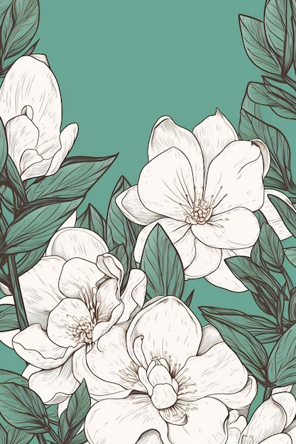 Un motif floral avec des magnolias sur fond vert.