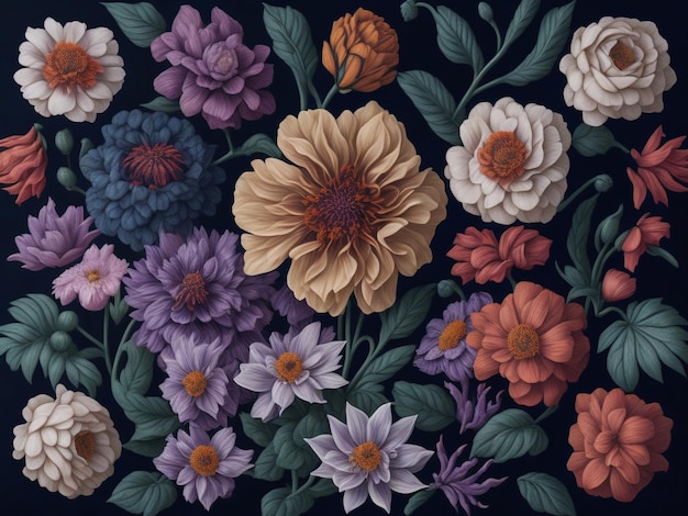 Motif floral mexicain coloré beau papier peint vintage fantaisie bouquet de fleurs botaniques AI Genera