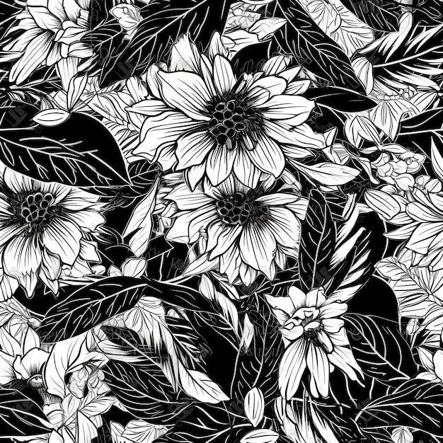 Motif floral Modèle sans couture avec fleurs et plantes décoratives générées par l'IA