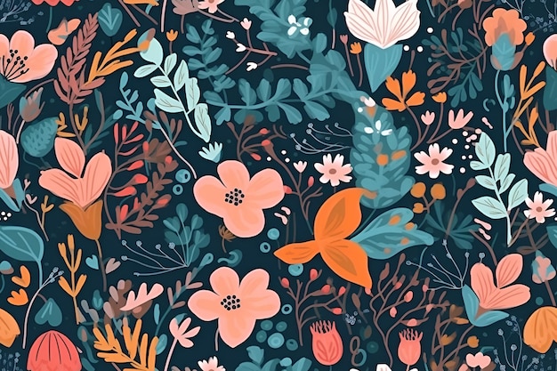 Motif floral Modèle sans couture avec fleurs et plantes décoratives générées par l'IA