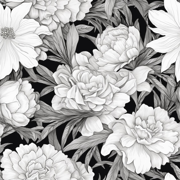 Motif floral noir et blanc avec beaucoup de pivoines.