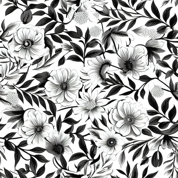 Un motif floral noir et blanc avec une feuille et des fleurs.