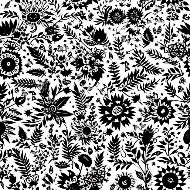 Un motif floral noir et blanc avec des feuilles et des fleurs génératives ai