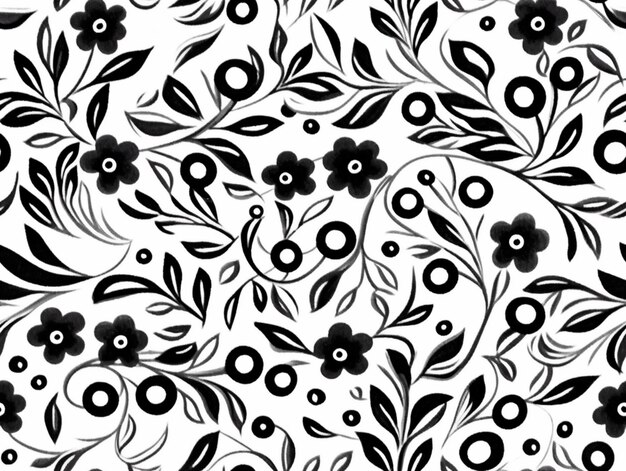 Un motif floral noir et blanc avec des feuilles et des fleurs génératives ai