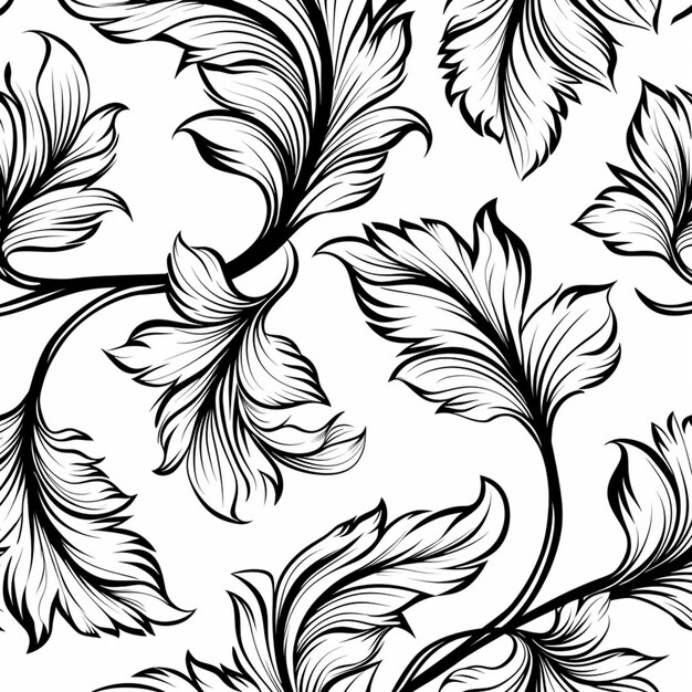 un motif floral noir et blanc avec des feuilles génératives ai