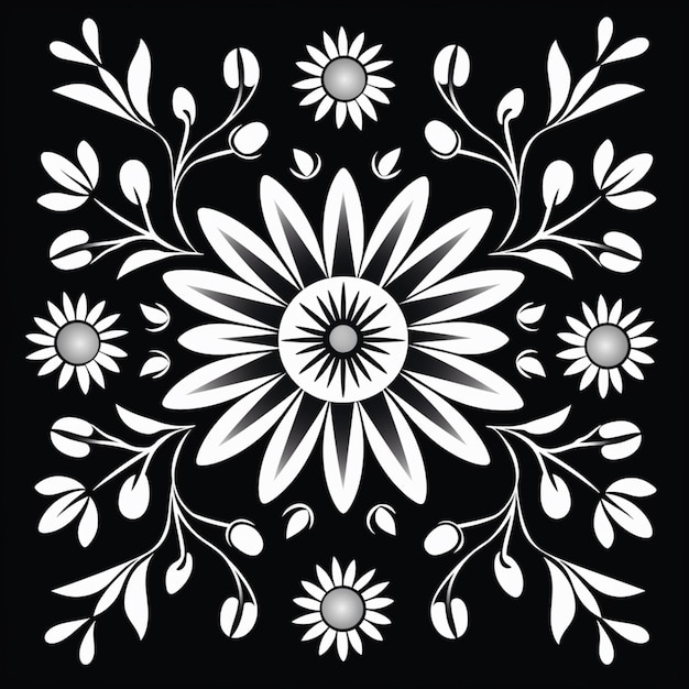 un motif floral noir et blanc avec des fleurs et des feuilles blanches ai générative