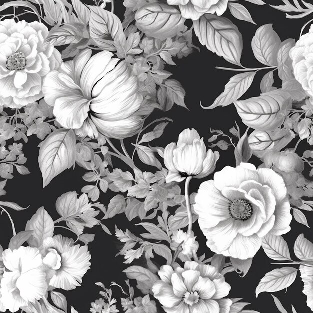 Photo un motif floral noir et blanc avec des fleurs et des feuilles