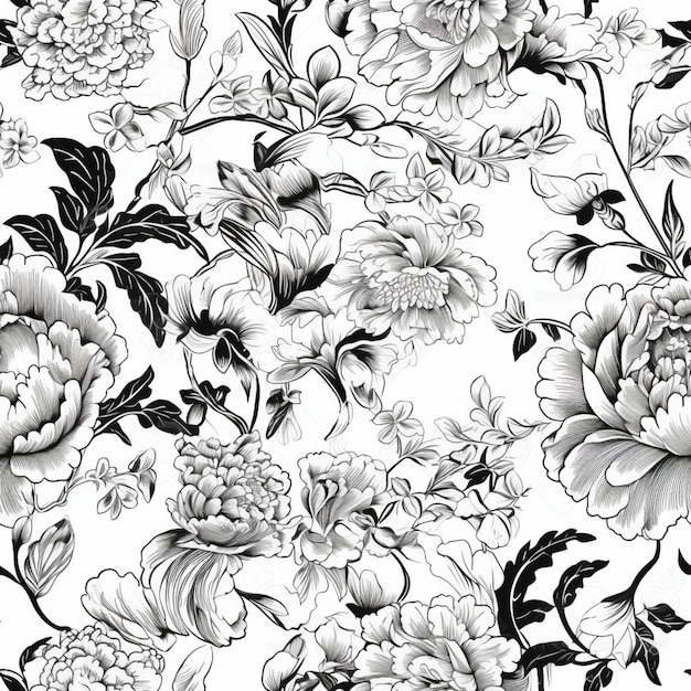 un motif floral noir et blanc avec des fleurs sur fond blanc ai générative