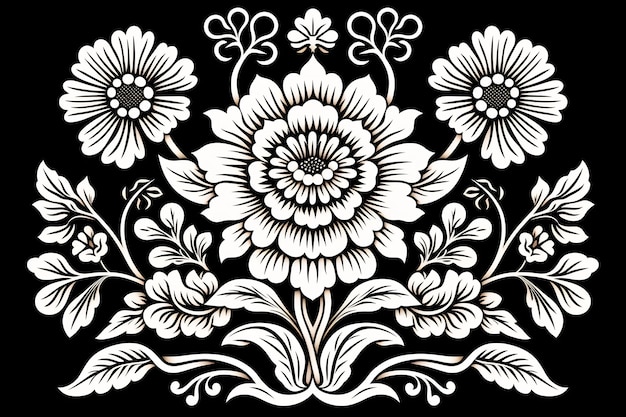 un motif floral noir et blanc avec des fleurs sur fond noir.