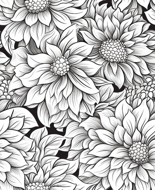 Un motif floral noir et blanc avec de grandes fleurs génératives ai