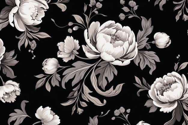 un motif floral noir et blanc avec le mot péonies dessus