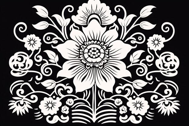 un motif floral noir et blanc avec un motif floral dessus.