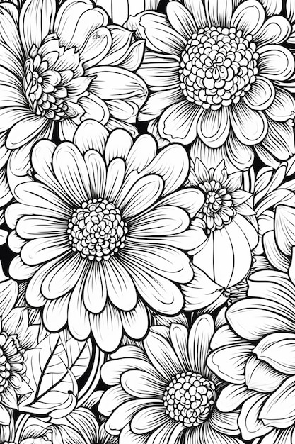 un motif floral noir et blanc avec de nombreuses fleurs ai générative