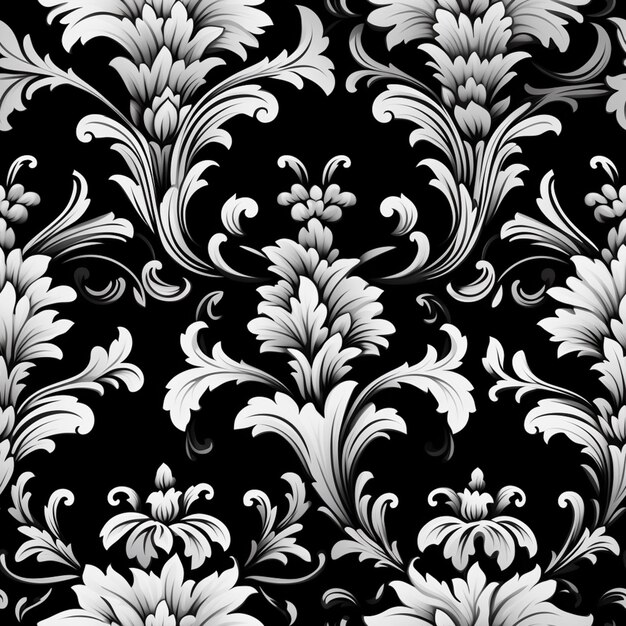 un motif floral noir et blanc avec des tourbillons et des feuilles génératives ai