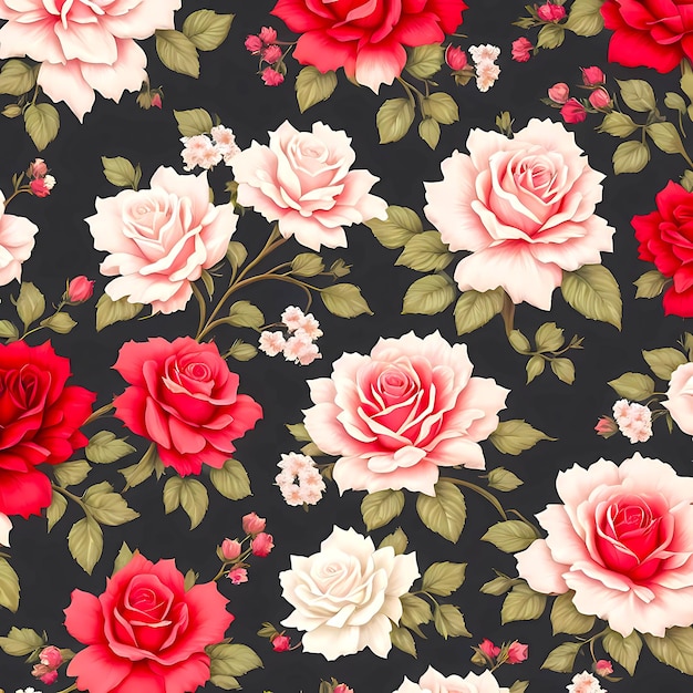 Un motif floral noir et rouge avec des roses blanches et rouges.