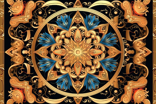 Un motif floral orné d'or et de bleu sur un fond noir
