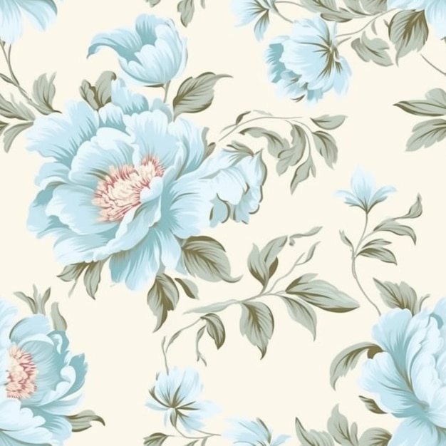 Un motif floral avec des pivoines bleues sur un fond beige.