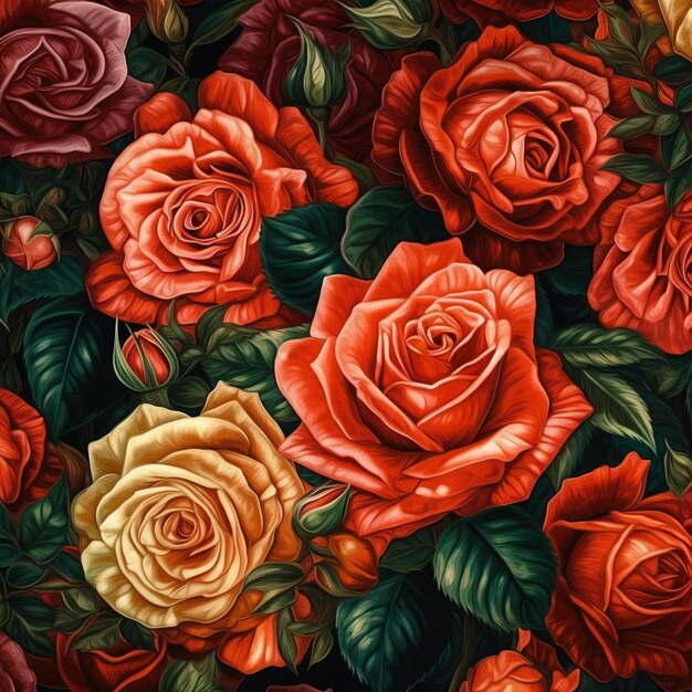 Un motif floral avec des roses et des feuilles oranges