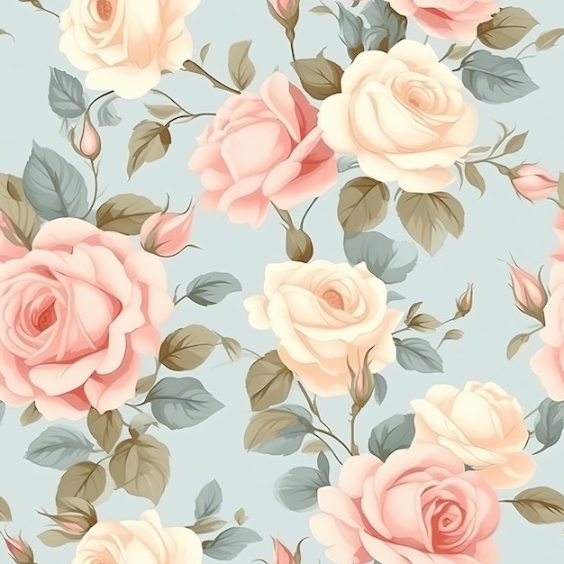 Un motif floral avec des roses roses sur fond bleu