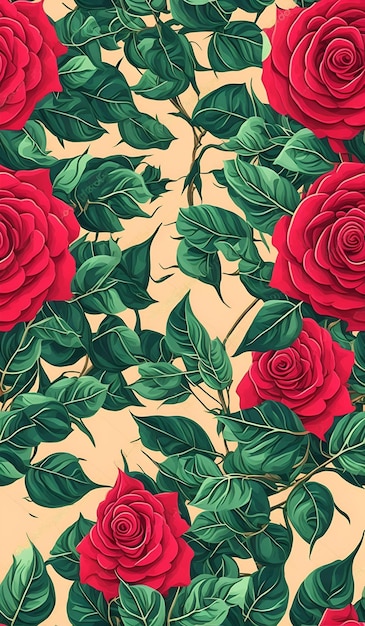 Un motif floral avec des roses rouges sur fond beige.