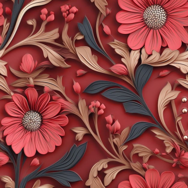 Un motif floral rouge et brun avec une fleur rouge et un fond noir.