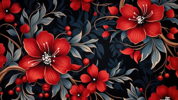 Un motif floral rouge et noir avec des feuilles et des baies ai