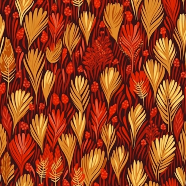 Un motif floral rouge et or avec des feuilles et des baies génératives ai