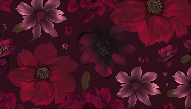 Un motif floral rouge et violet avec des fleurs de couleur bordeaux