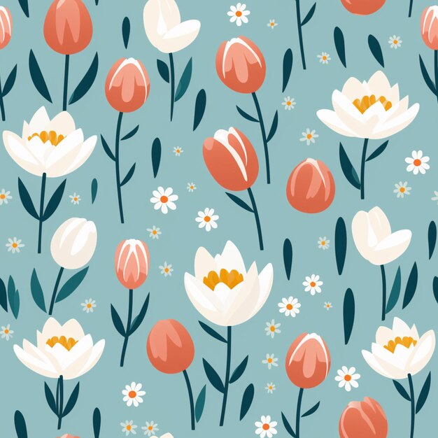 motif floral sans couture avec des fleurs blanches et orange sur un fond bleu