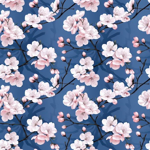 motif floral sans couture de fleurs de cerise rose douces sur un fond bleu