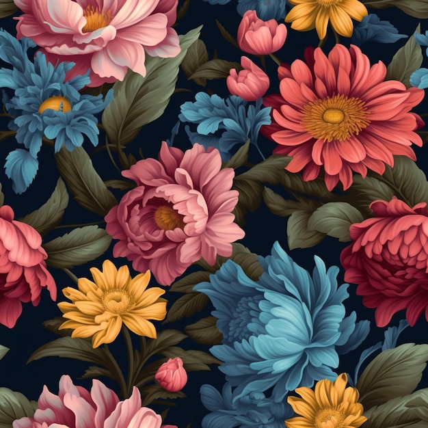 Motif floral sans couture avec des fleurs colorées sur un fond sombre ai générative