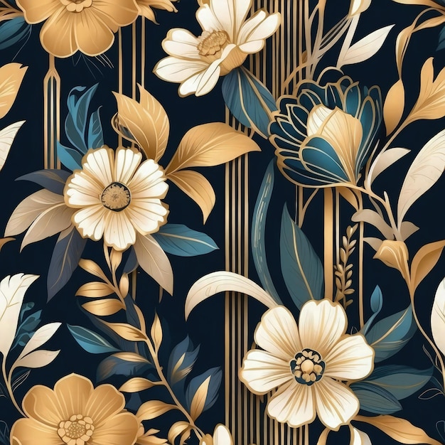 Un motif floral sans couture avec des fleurs dorées et bleues