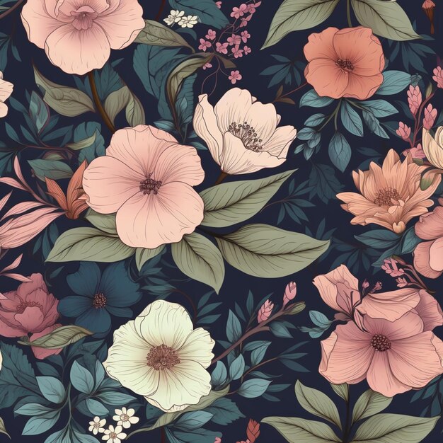 Un motif floral sans couture avec des fleurs et des feuilles.