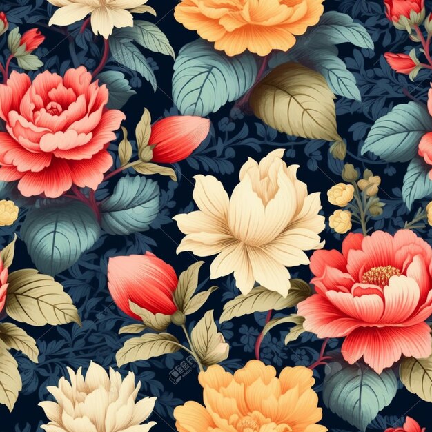 Motif floral sans couture avec des fleurs orange et jaunes sur fond sombre ai générative