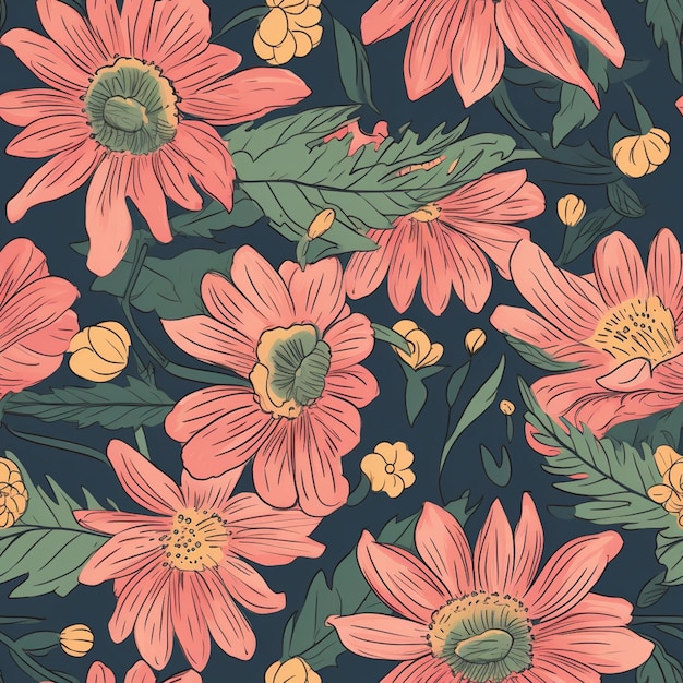 motif floral sans couture avec des fleurs roses et des feuilles vertes