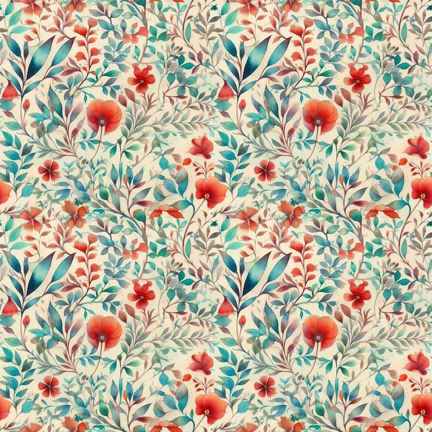 Un motif floral sans couture avec des fleurs rouges sur fond bleu.