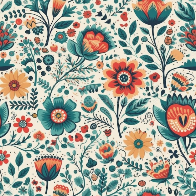 Un motif floral sans couture avec des fleurs rouges et oranges.